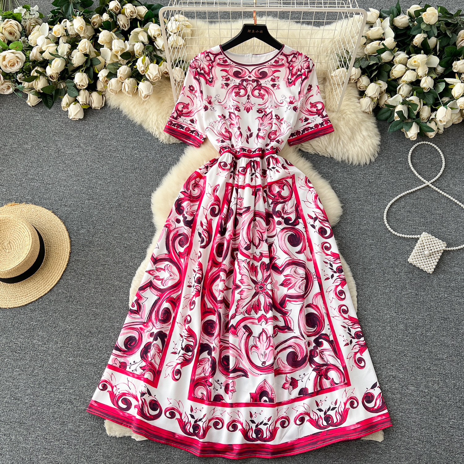 Spring Summer New Personality Print Big Swing Dress Women Short Sleeve A-Line Dress