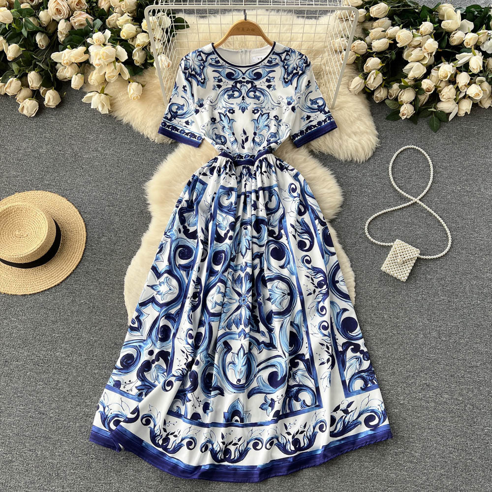 Spring Summer New Personality Print Big Swing Dress Women Short Sleeve A-Line Dress