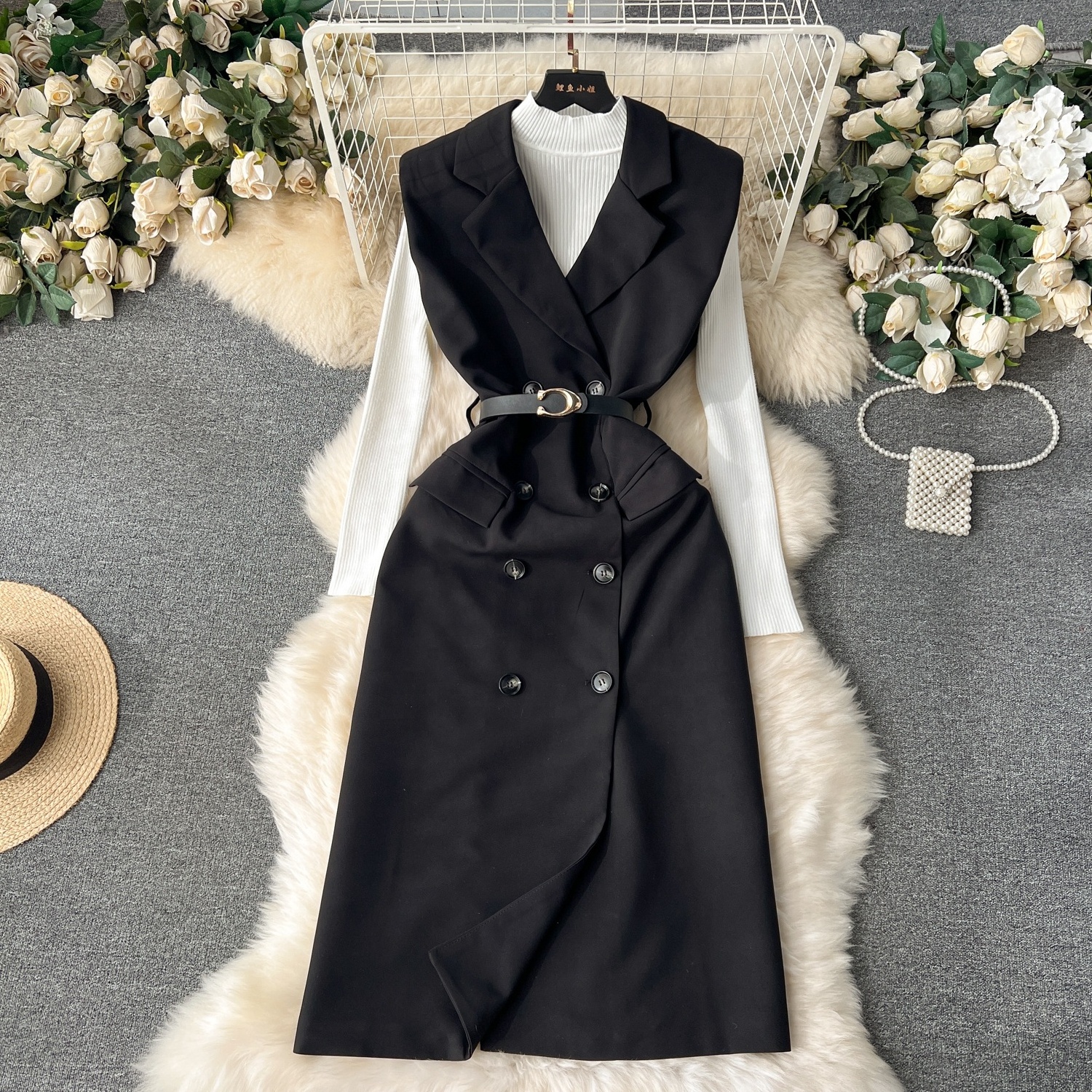 Set Women'S Knitted Bottom Shirt Vintage Double-Breasted Suit Dress Two Piece Set