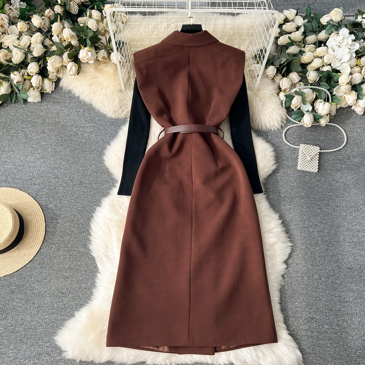 Set Women'S Knitted Bottom Shirt Vintage Double-Breasted Suit Dress Two Piece Set