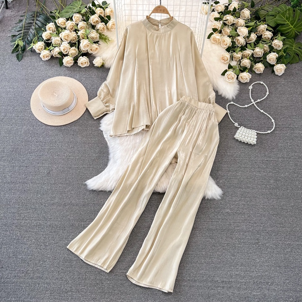 Fashion Set Women Long Sleeve Standing Collar Loose Shiny Shirt Women Casual High Waist Straight Wide Leg Pants 2 Piece Set