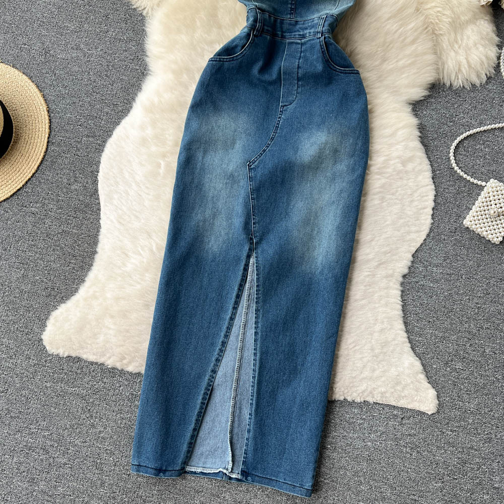 Spring And Summer One-Shoulder Bustier Woman Sexy Split Tight Denim Dress Women