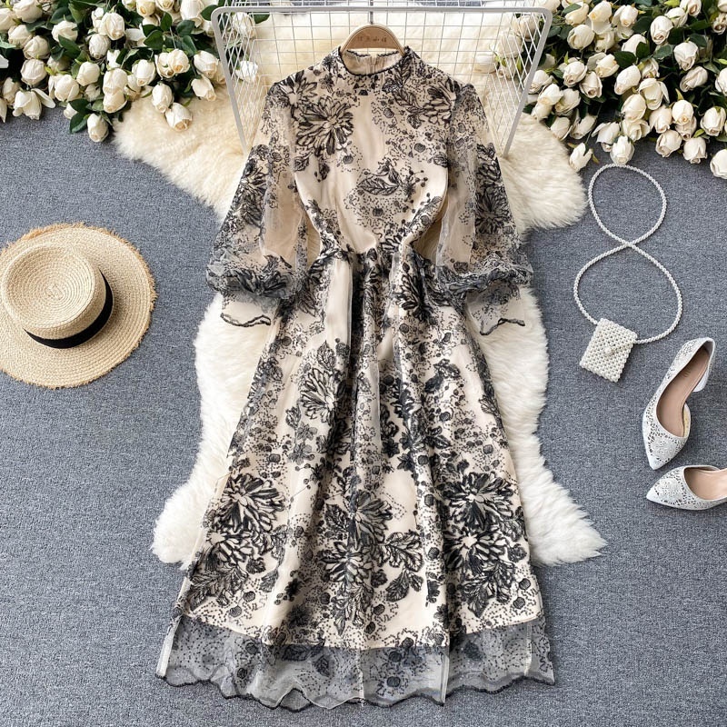 New Korean Chic Black Color Elegant Long Sleeve Lace Dress For Women Ladies Dresses Clothing Wholesale