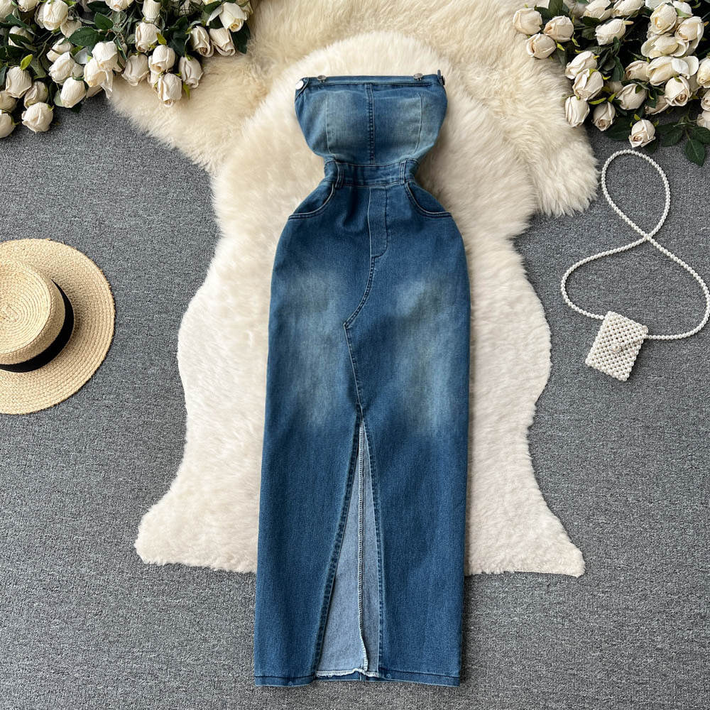 Spring And Summer One-Shoulder Bustier Woman Sexy Split Tight Denim Dress Women