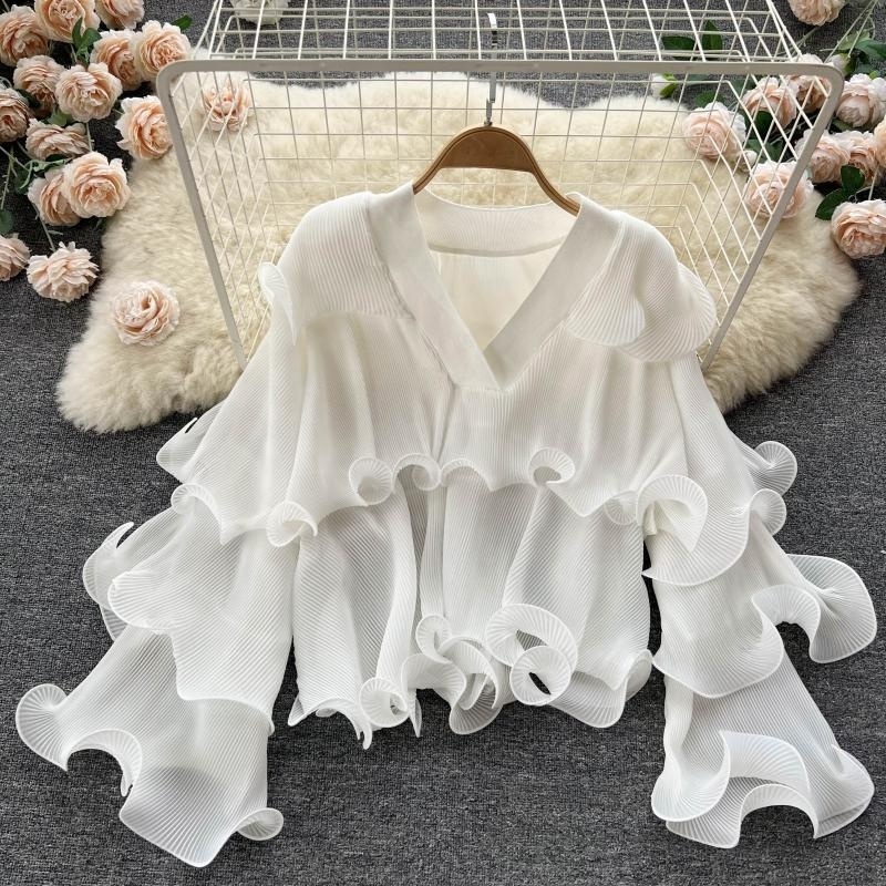 Spring Autumn New V-neck Shirt Women's Elegant Blouse Pleated Chiffon Shirt Fashion Ladies Long Sleeve Top