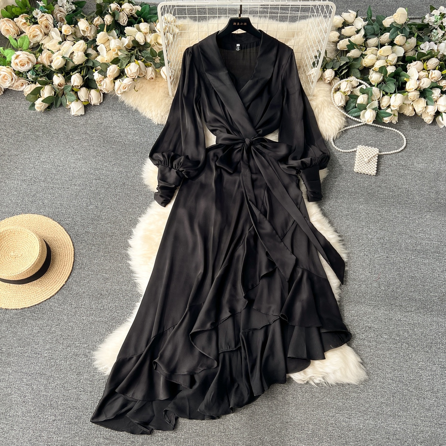 Temperament Dress Women's High end Elegant Long Sleeve Lace up Waist Ruffle Edge Irregular Suit Dress