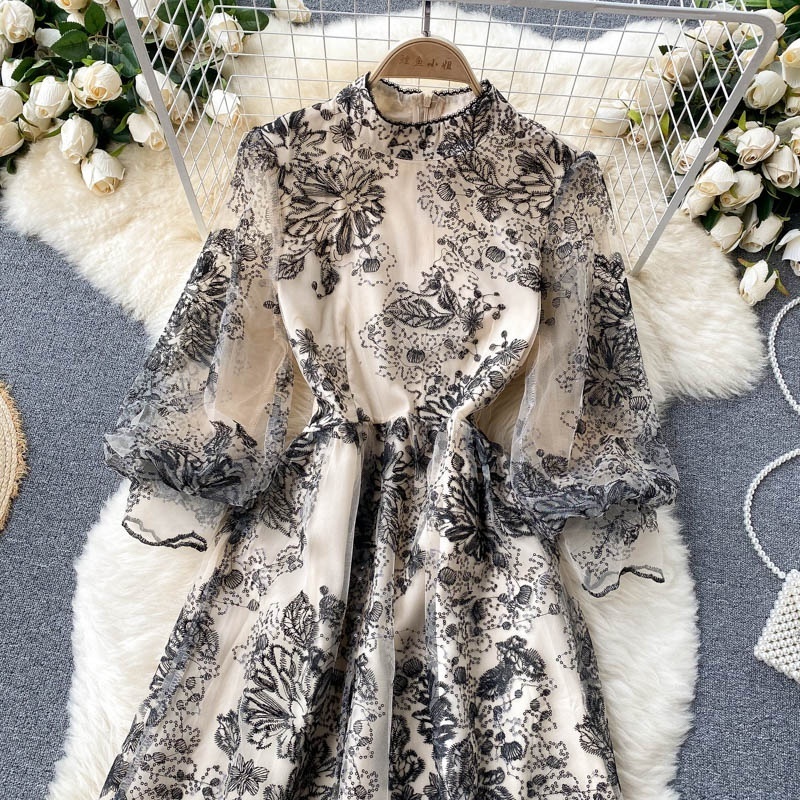 New Korean Chic Black Color Elegant Long Sleeve Lace Dress For Women Ladies Dresses Clothing Wholesale