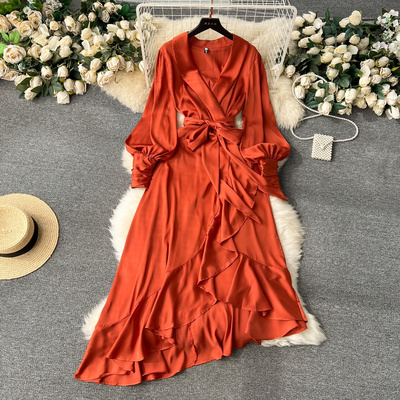 Temperament Dress Women's High end Elegant Long Sleeve Lace up Waist Ruffle Edge Irregular Suit Dress