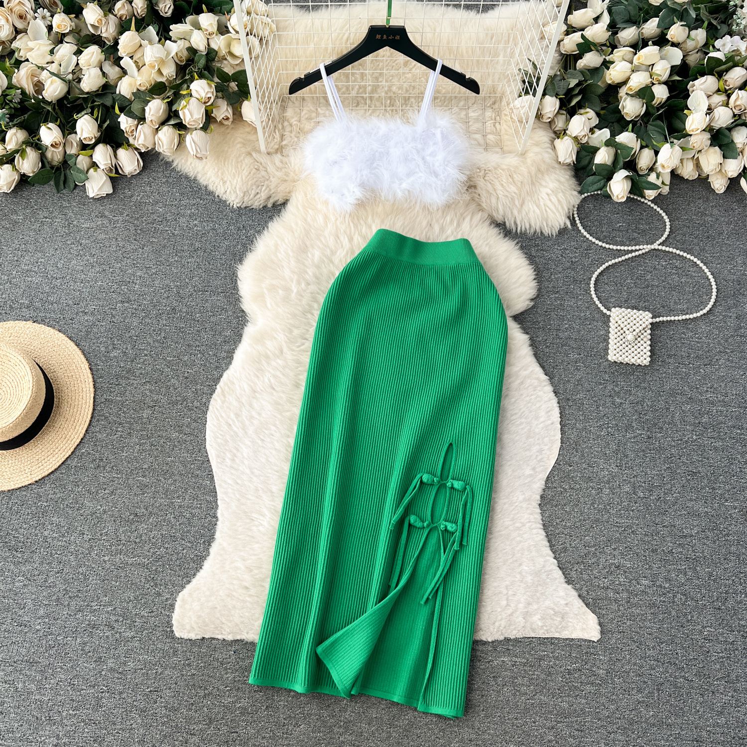 Advanced Early Autumn Fashion Set for Women's Fur Strap Tank Top and Versatile High Waist Half Skirt Two Piece Skirt Set