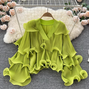 Spring Autumn New V-neck Shirt Women's Elegant Blouse Pleated Chiffon Shirt Fashion Ladies Long Sleeve Top