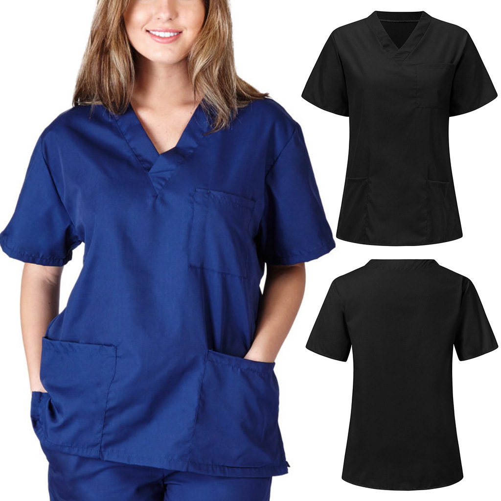 Drop Shipping Stretch White Printed Short Sleeve Medical Nurse Tunic Shirt Scrub Top Uniform