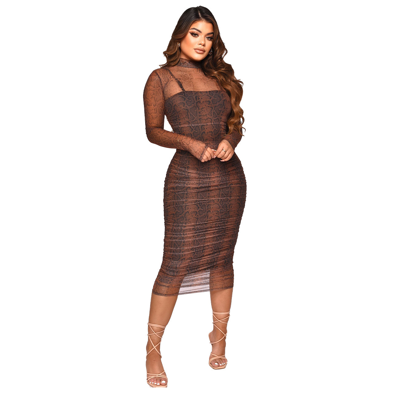 New Hot Selling  Sheer Mesh Suspender Pattern  Print Sexy Dress Two-piece Dress