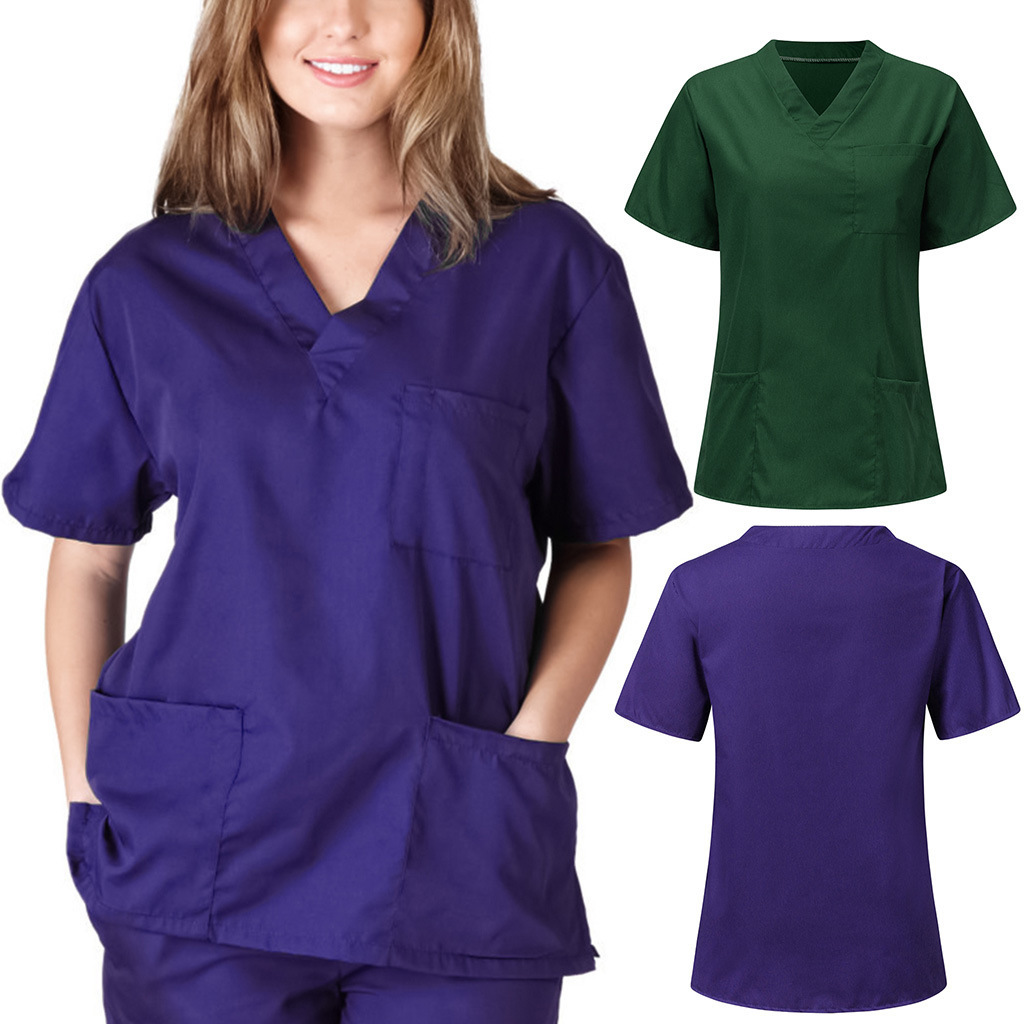 Drop Shipping Stretch White Printed Short Sleeve Medical Nurse Tunic Shirt Scrub Top Uniform