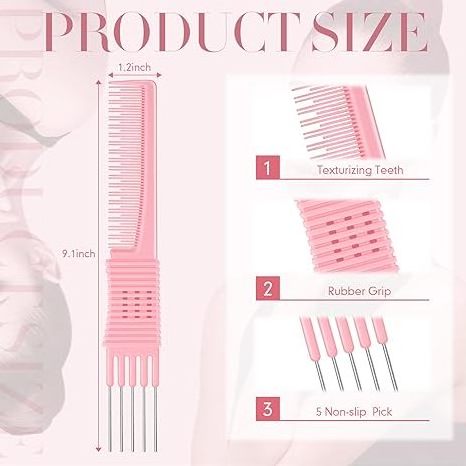 Professional Hair Combs Custom Pink Black Carbon Fiber Salon Lift Teasing Comb with Stainless Steel Metal Prong