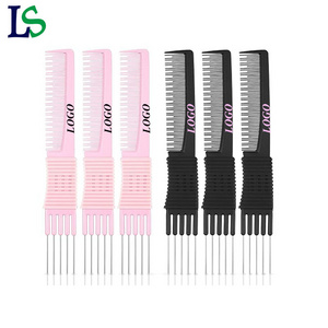 Professional Hair Combs Custom Pink Black Carbon Fiber Salon Lift Teasing Comb with Stainless Steel Metal Prong