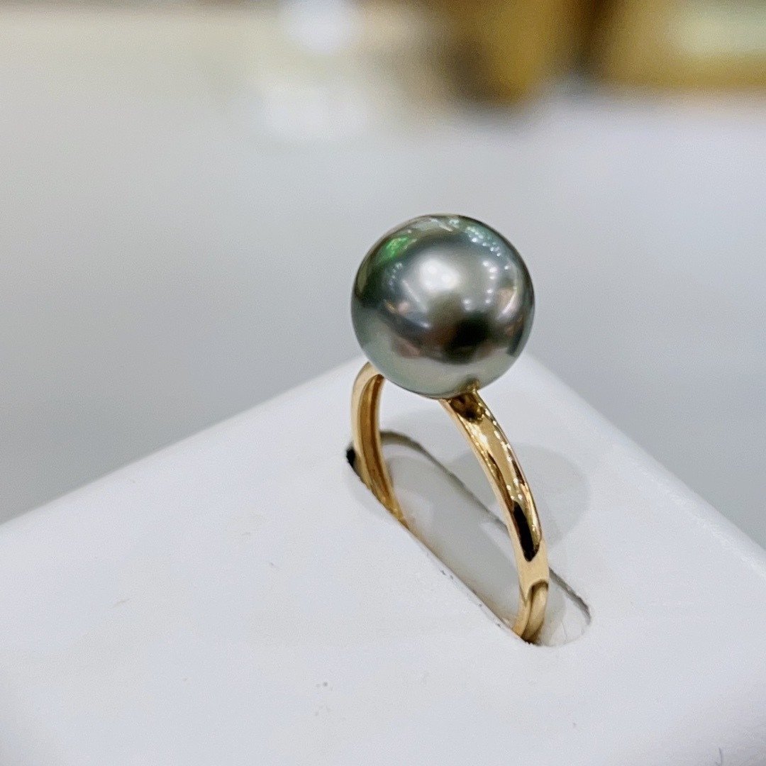 10-11MM Tahiti Black Pearl Ring Women's 18K Gold ring Natural pearl perfect round 18k gold ring