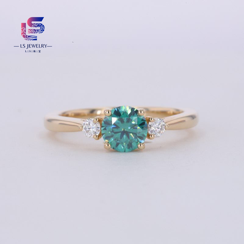 Classic 0.8ct Green Moissanite With Side Stone Ring 14k 18k Solid Gold Moissanite Rings Engagement Ring