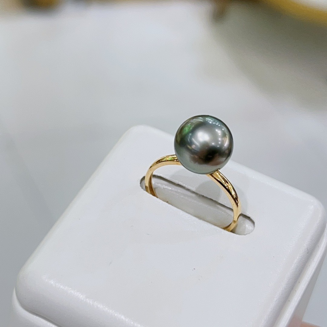 10-11MM Tahiti Black Pearl Ring Women's 18K Gold ring Natural pearl perfect round 18k gold ring