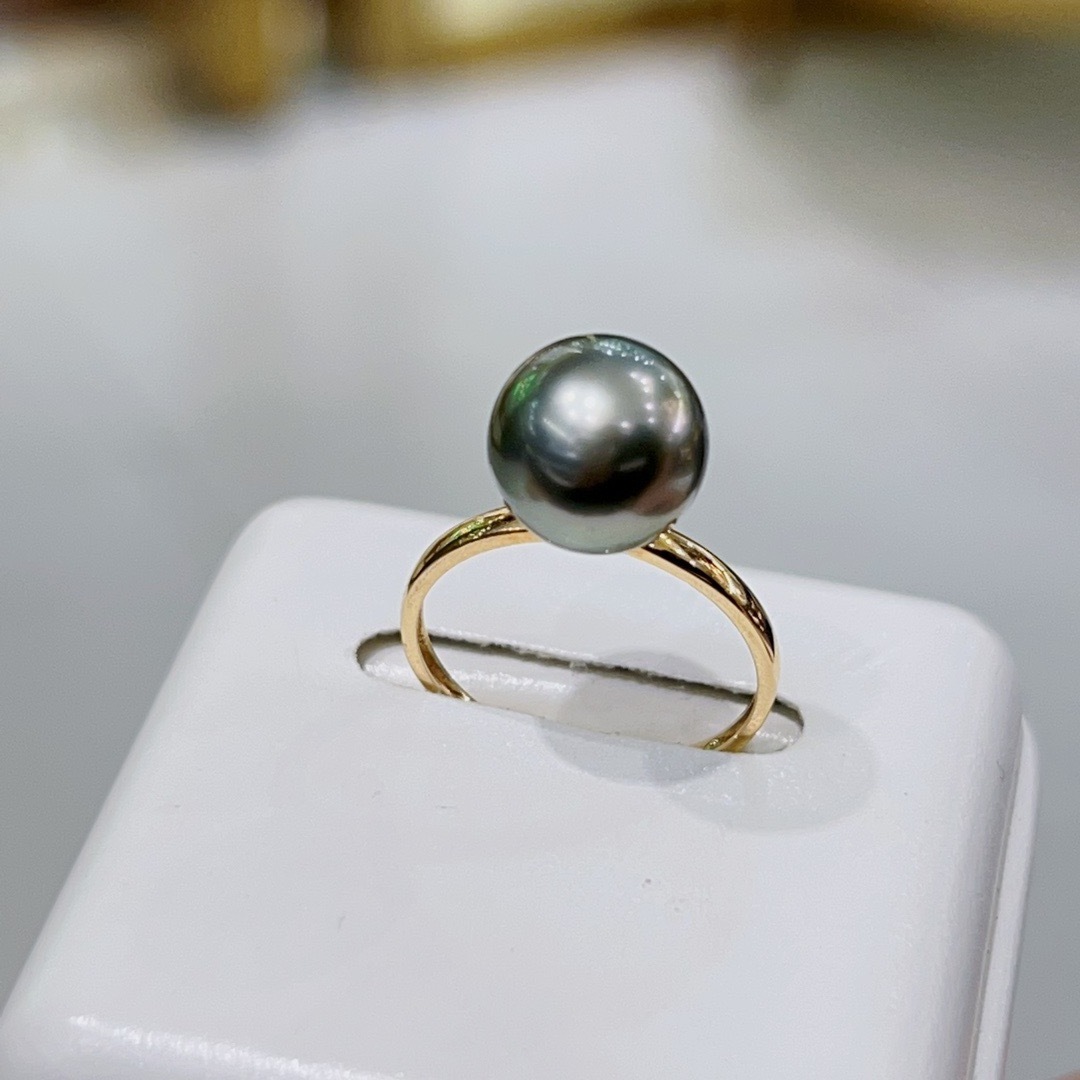 10-11MM Tahiti Black Pearl Ring Women's 18K Gold ring Natural pearl perfect round 18k gold ring