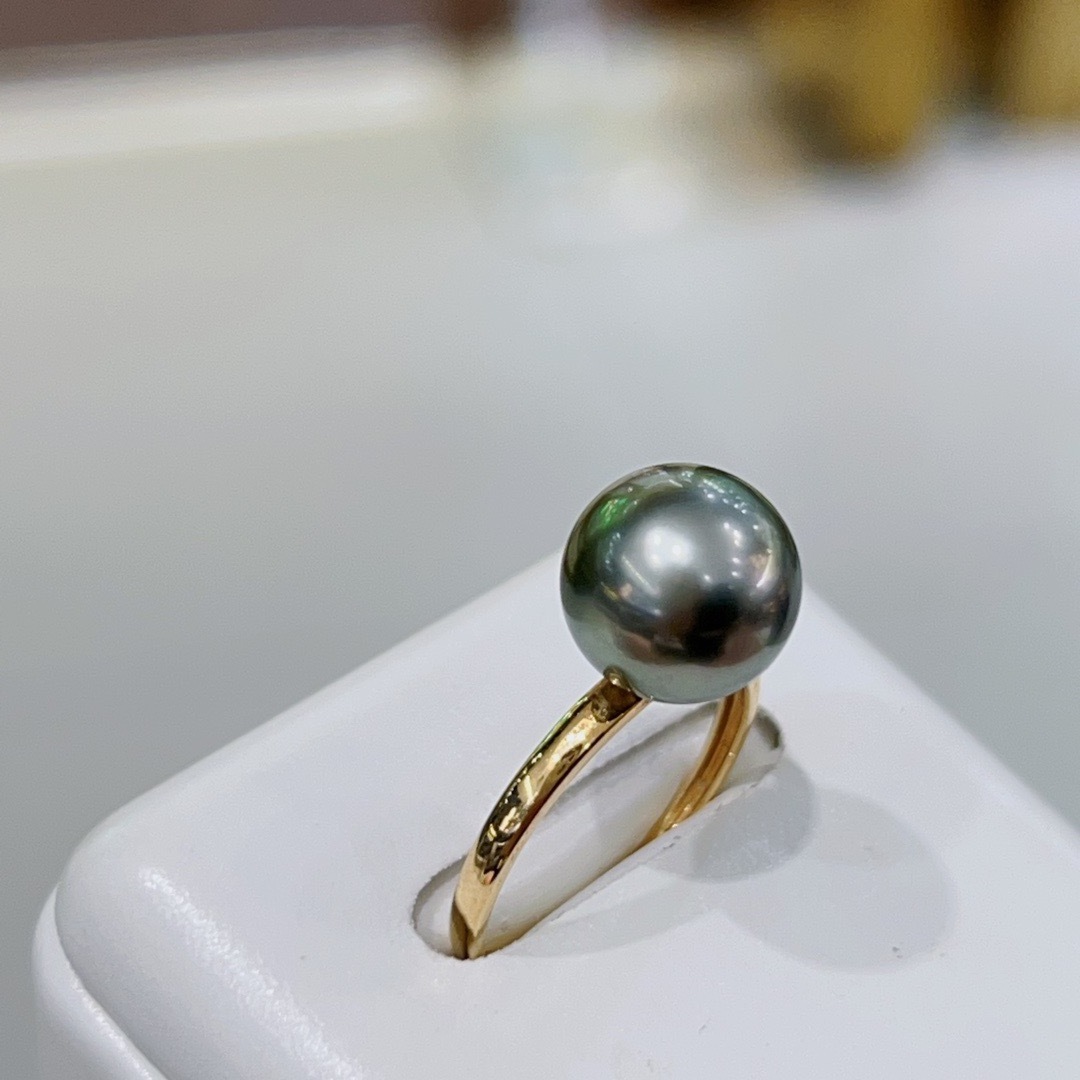 10-11MM Tahiti Black Pearl Ring Women's 18K Gold ring Natural pearl perfect round 18k gold ring