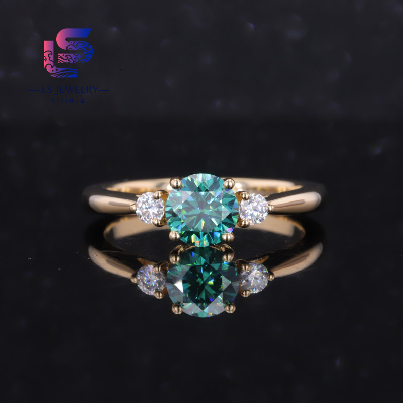 Classic 0.8ct Green Moissanite With Side Stone Ring 14k 18k Solid Gold Moissanite Rings Engagement Ring