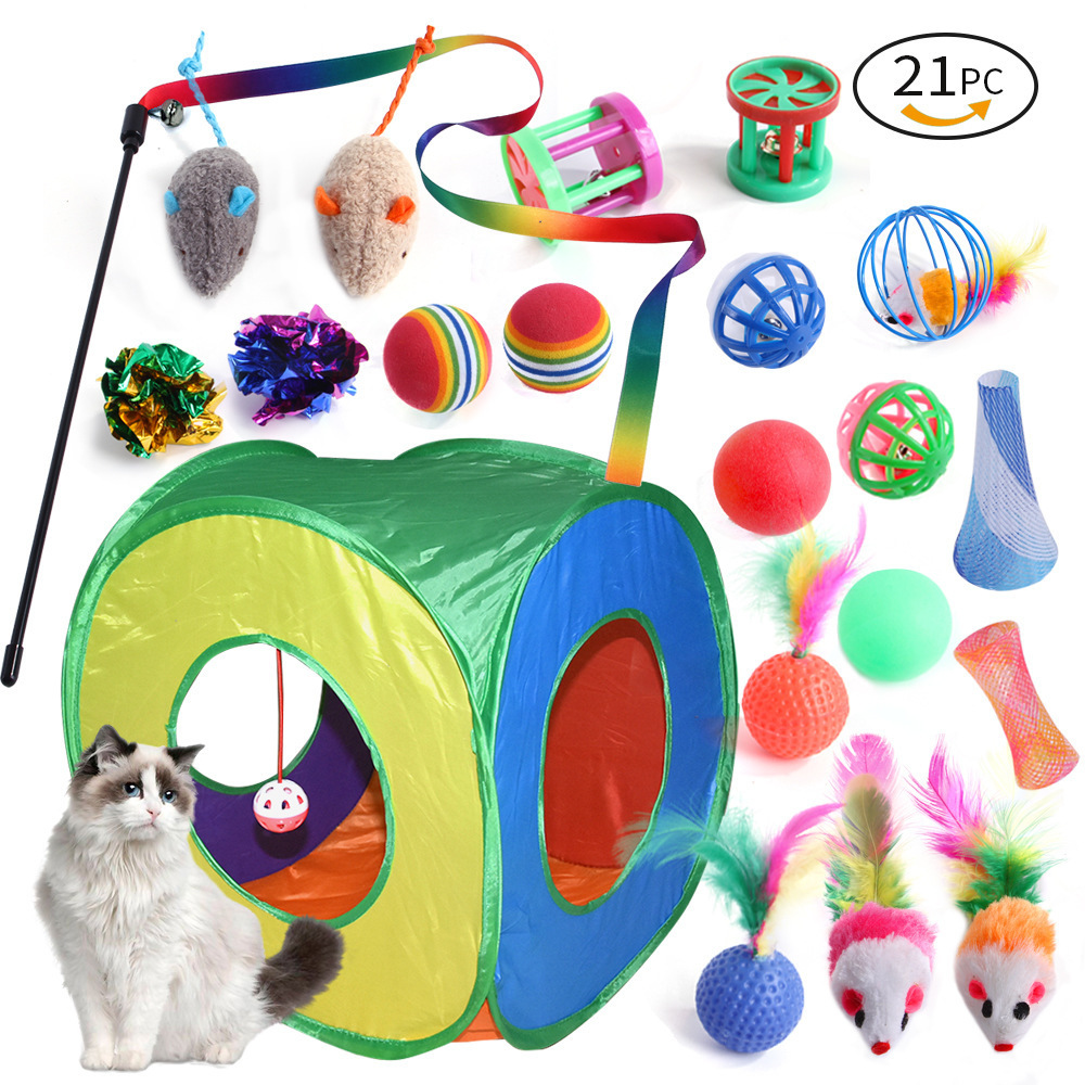 21 Pack Kitten Playing Accessories Interactive Toys Assorted Funny Rainbow 3 Way Cat Tunnel