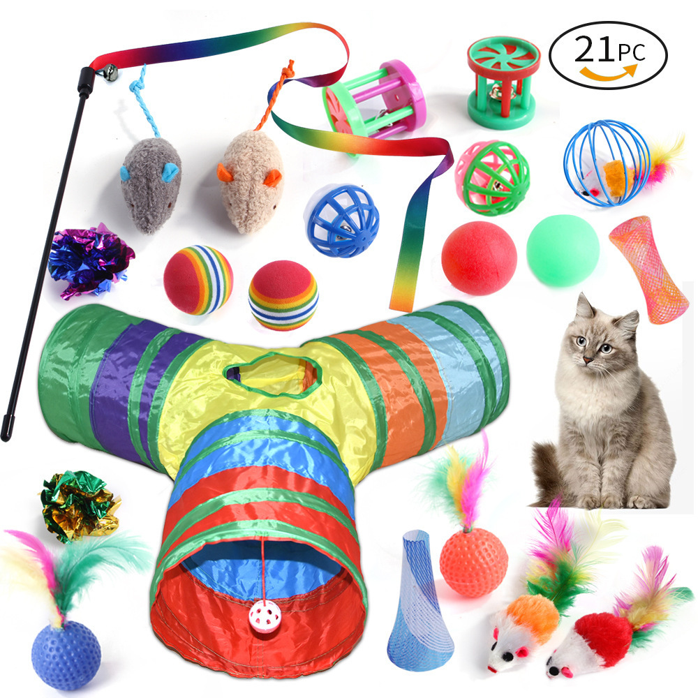 21 Pack Kitten Playing Accessories Interactive Toys Assorted Funny Rainbow 3 Way Cat Tunnel