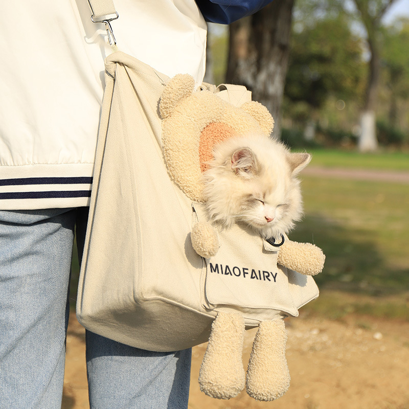 Pet Canvas Carrier Sling Beige Portable Cross-Body Hand Free Outing Shoulder Bag for Kitten Puppy