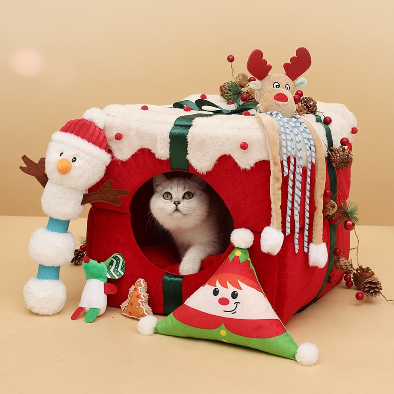 Indoor kitten puppy Pet Cave Nest Portable Fully Enclosed Plush Christmas Gift Box Cat Dog house bed