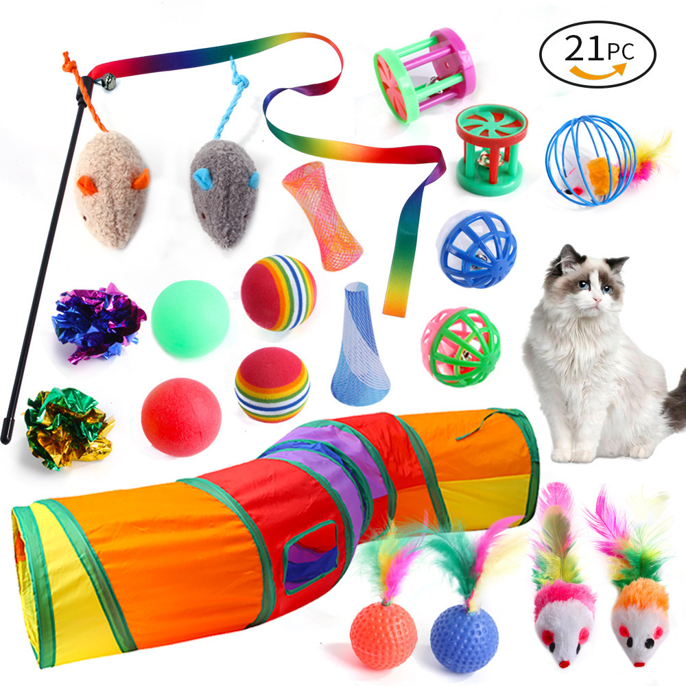 21 Pack Kitten Playing Accessories Interactive Toys Assorted Funny Rainbow 3 Way Cat Tunnel