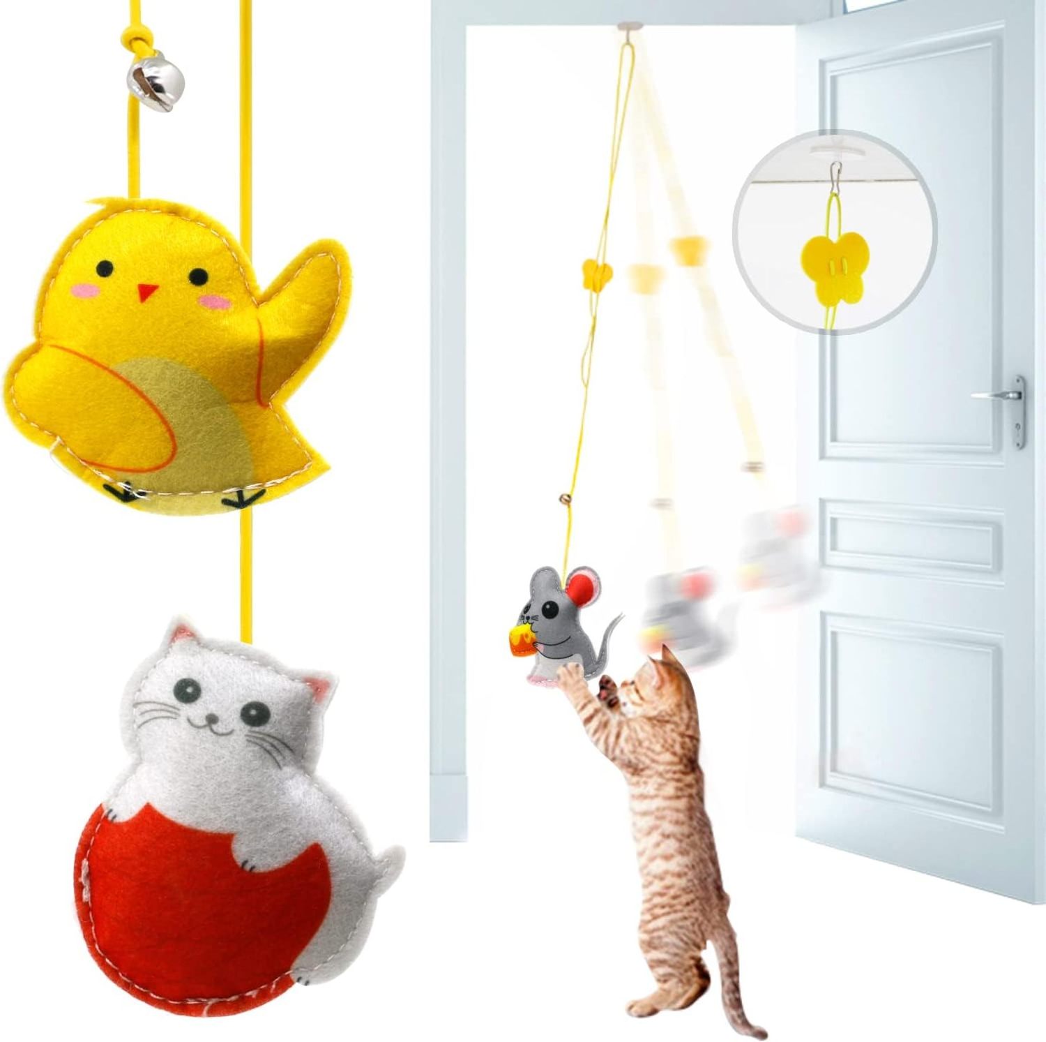 Indoor Cats Chase Exercise Adhesive Hook Door Hanging Plush Felt Mouse Chick Kitty Cat Teaser Toys