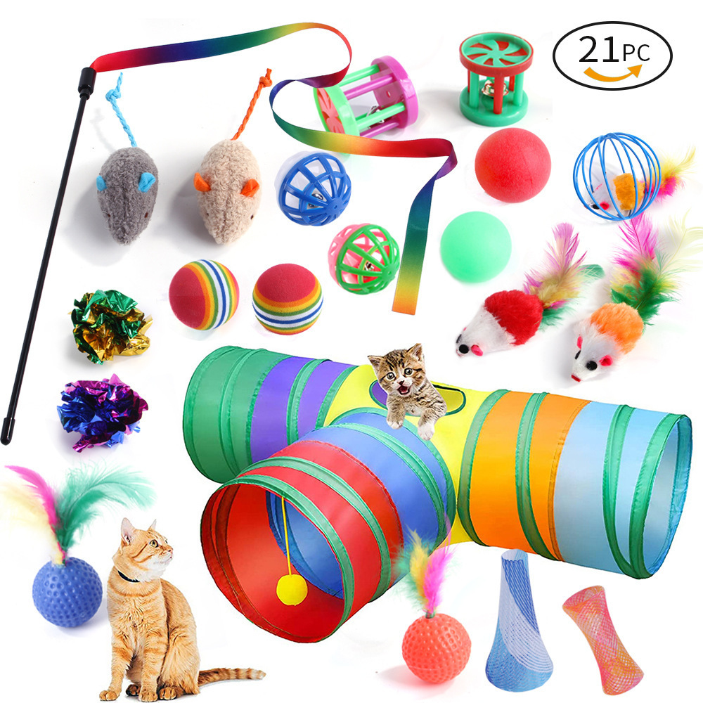 21 Pack Kitten Playing Accessories Interactive Toys Assorted Funny Rainbow 3 Way Cat Tunnel