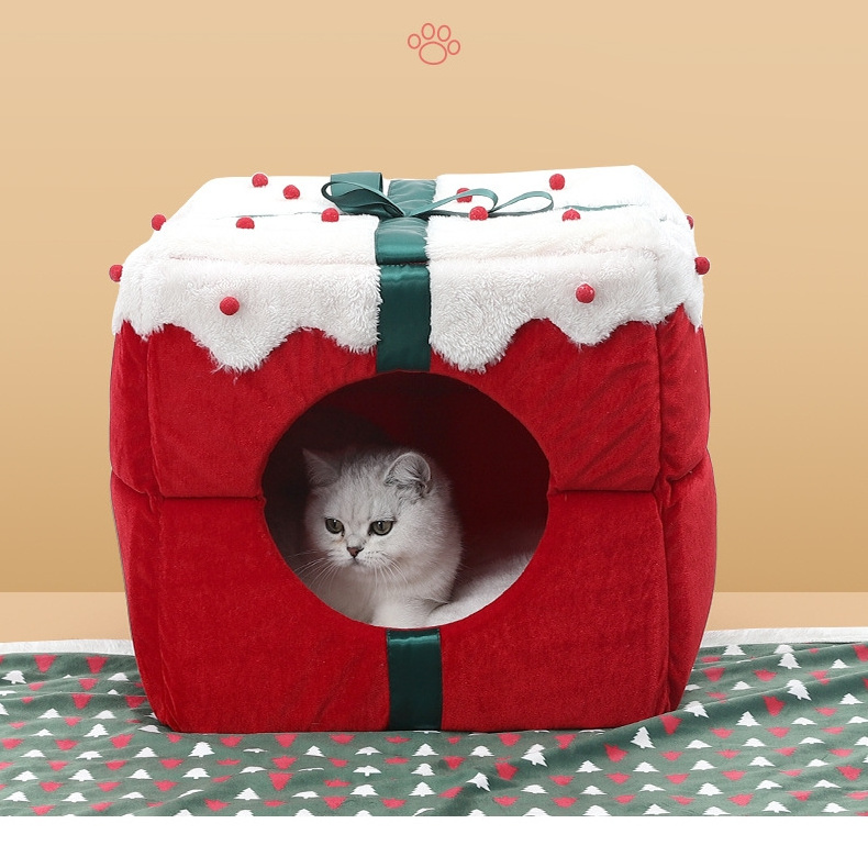 Indoor kitten puppy Pet Cave Nest Portable Fully Enclosed Plush Christmas Gift Box Cat Dog house bed