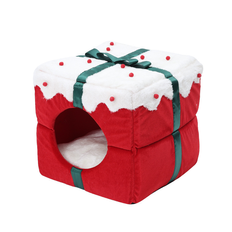 Indoor kitten puppy Pet Cave Nest Portable Fully Enclosed Plush Christmas Gift Box Cat Dog house bed