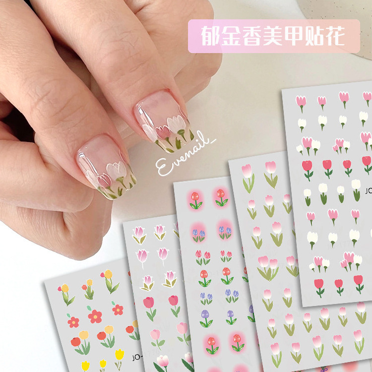 elegant tulip flower nail art sticker 3d charm pink blue floral gold silver line summer manicure slider decoration decal