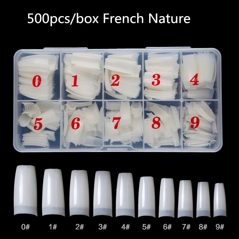 Professional Salon 500PCS Clear Long Square Nail Art Tips Full Half Cover Press on Coffin Gel Set Nail Tools