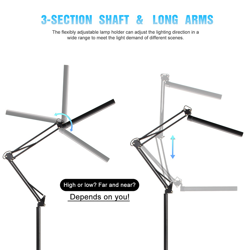 Folding Telescopic Metal Floor Lamp Adjustable Architect Swing Arm Standing Lamps Heavy Duty Base Eye-Caring Reading Study Light