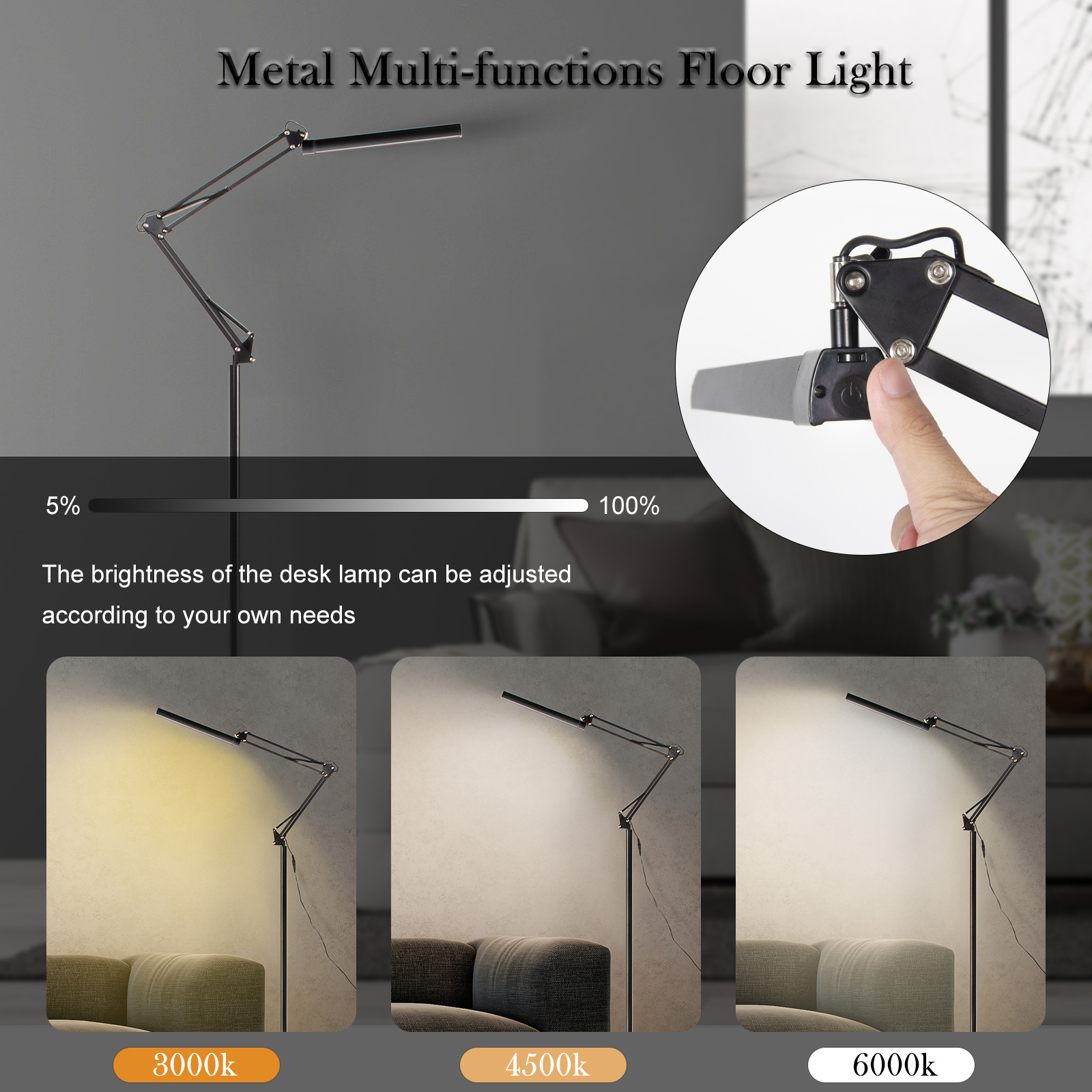 Folding Telescopic Metal Iron Floor Lamp Adjustable Swing Arm Standing Lamps Heavy Duty Base Eye-Caring Living room Floor Light