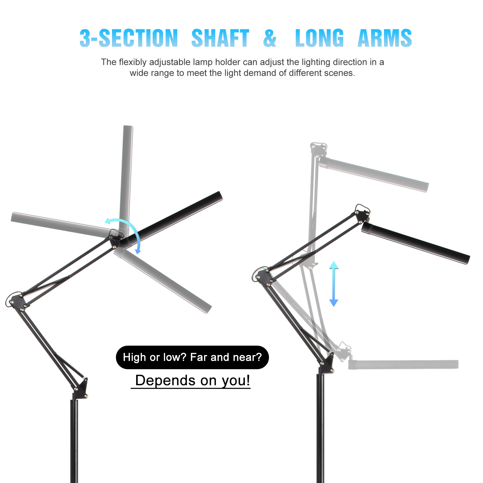 Folding Telescopic Metal Iron Floor Lamp Adjustable Swing Arm Standing Lamps Heavy Duty Base Eye-Caring Living room Floor Light