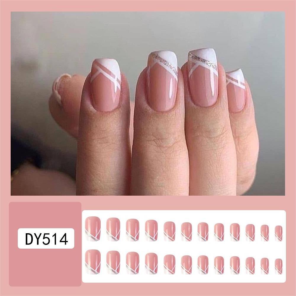 High Quality Medium Length False Nails Square Lines Fake Nails Tip Elegant Design Press On Nails