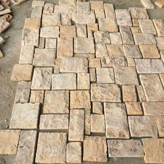 Natural Stone Brick Rock Split Random Ashlar Loose Pebble Stone Veneer Yellow Limestone Wall cladding Exterior Decorative