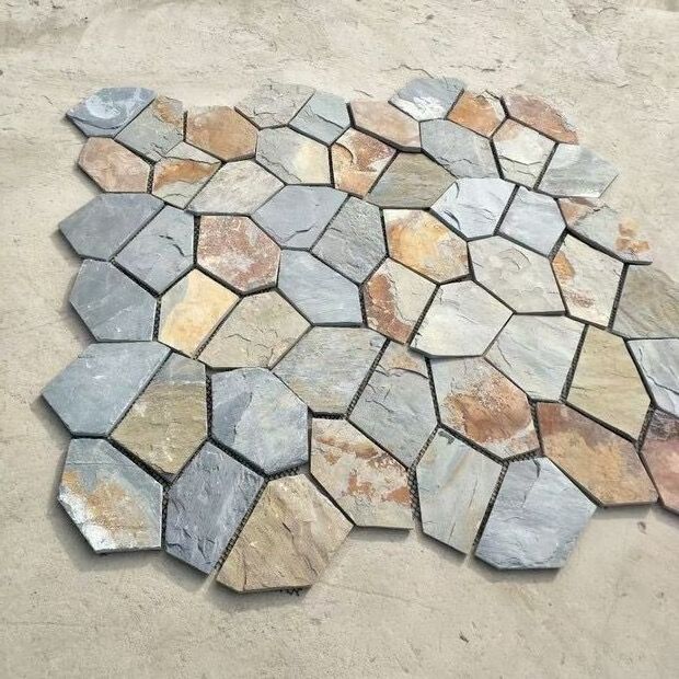 Rustic Flagstone Rust Color Meshed Irregular Natural Stone Blocks Slate Mosaic Paving Flooring Tiles For Patio Path Way