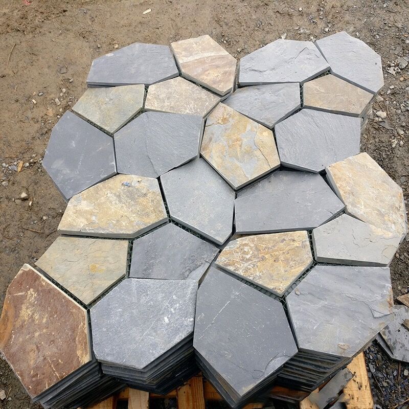 Rustic Flagstone Rust Color Meshed Irregular Natural Stone Blocks Slate Mosaic Paving Flooring Tiles For Patio Path Way