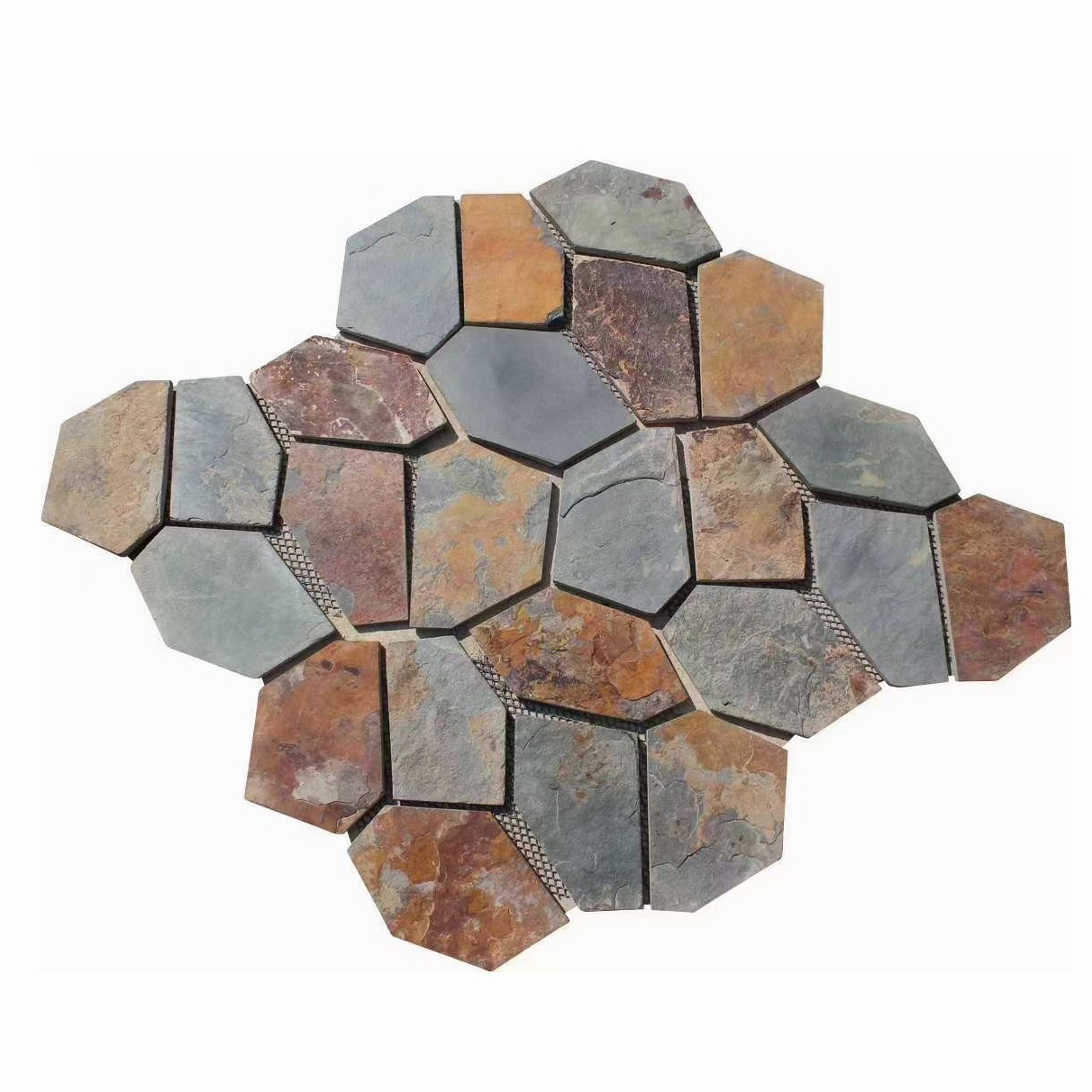 Outdoor Paving Stone Veneer Polygonal Net Meshed Multicolor Natural White Slate Quartzite Stone Paver Tile On With Back Netting