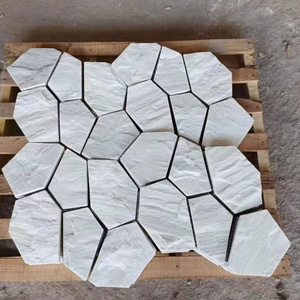 Outdoor Paving Stone Veneer Polygonal Net Meshed Multicolor Natural White Slate Quartzite Stone Paver Tile On With Back Netting