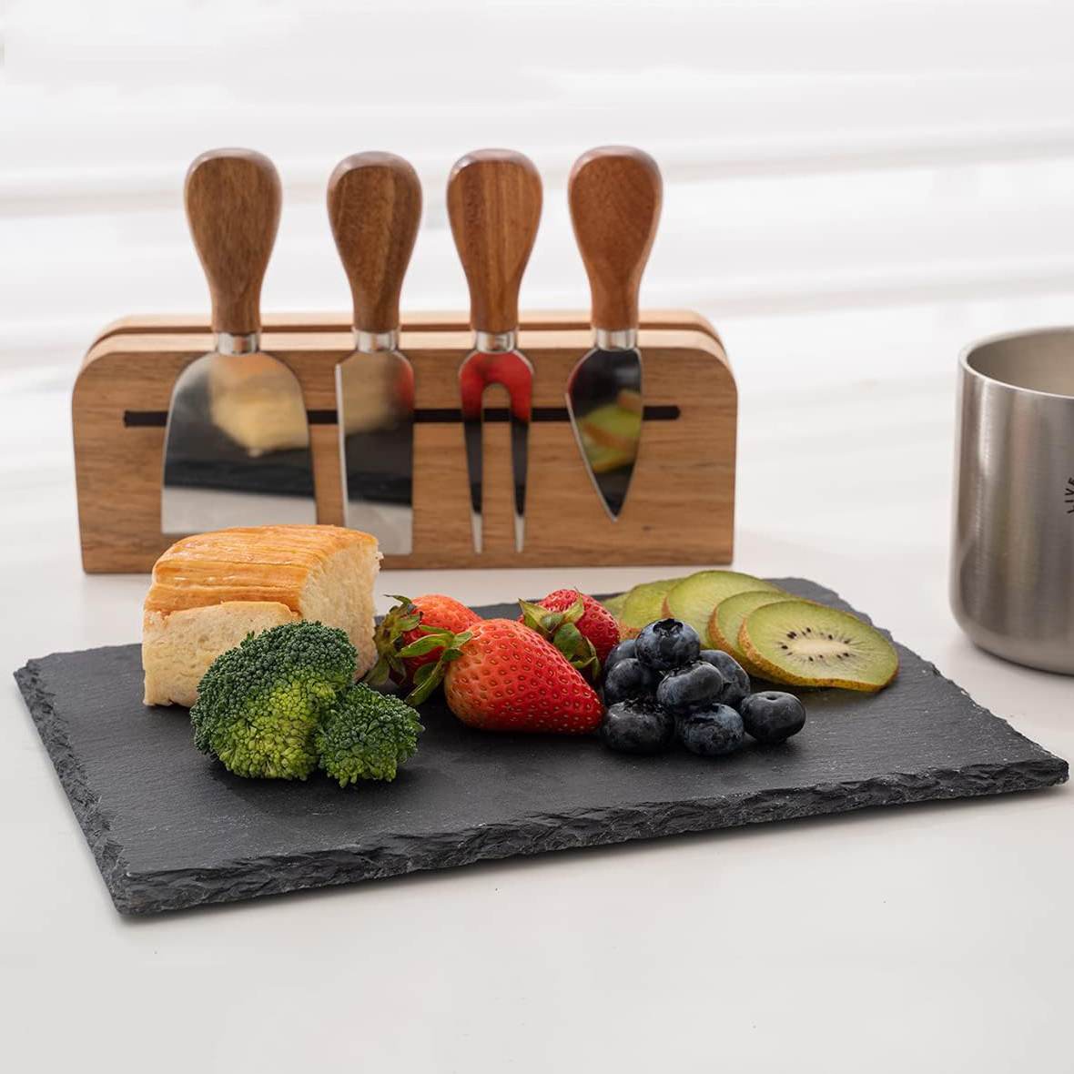 Easter Slate Charcuterie Board Cheese Tray and Magnetic Knife Set  with Wooden Display Holder for Cheese Tools