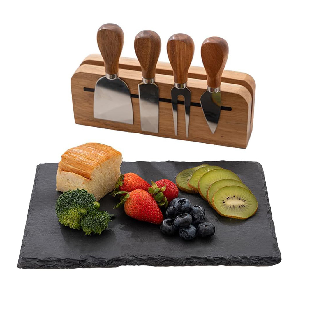 Easter Slate Charcuterie Board Cheese Tray and Magnetic Knife Set  with Wooden Display Holder for Cheese Tools