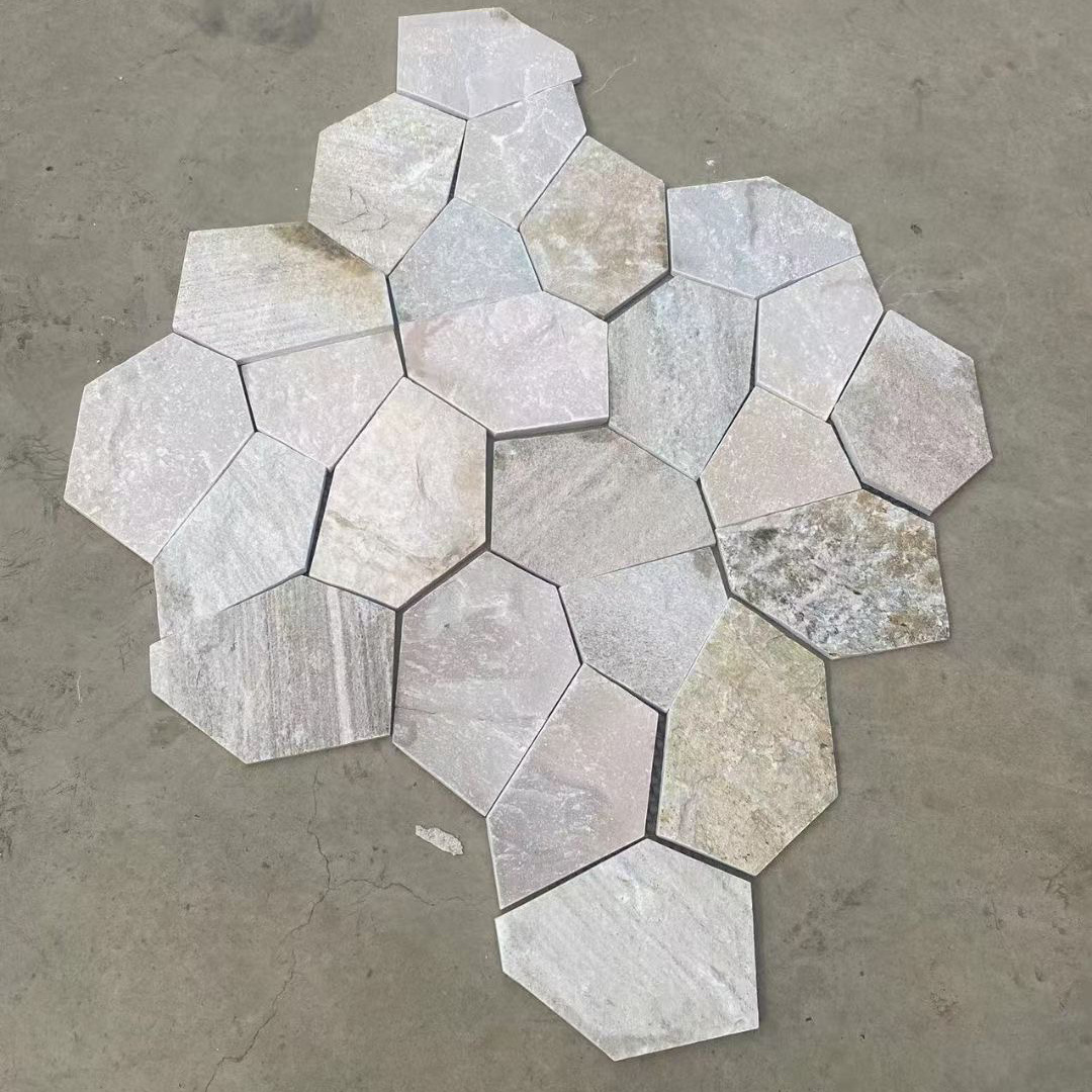 Outdoor Paving Stone Veneer Polygonal Net Meshed Multicolor Natural White Slate Quartzite Stone Paver Tile On With Back Netting