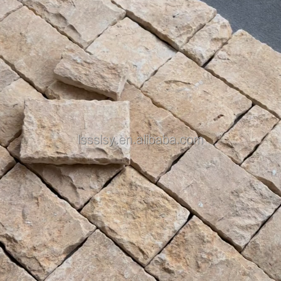 Natural Stone Brick Rock Split Random Ashlar Loose Pebble Stone Veneer Yellow Limestone Wall cladding Exterior Decorative