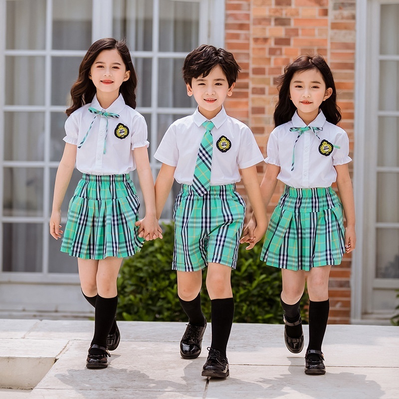 Wholesale customized striped girls solid skirt primary and secondary student school uniform short-sleeved shirts